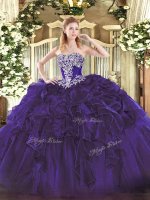 Fashion Purple Ball Gowns Beading and Ruffles Sweet 16 Dress Lace Up Organza Sleeveless Floor Length