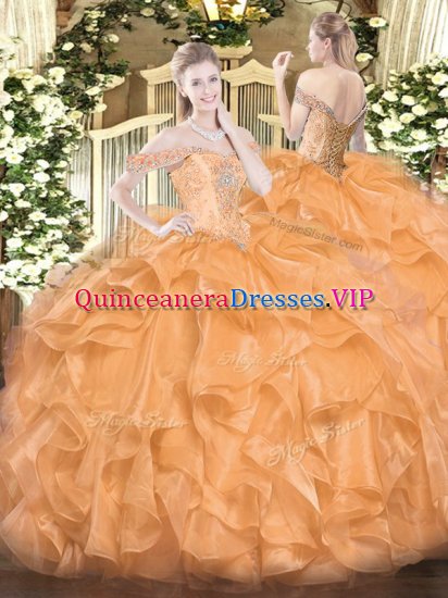 Floor Length Orange Quinceanera Gown Organza Sleeveless Beading and Ruffles - Click Image to Close