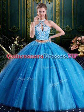 Suitable Halter Top Sleeveless Lace Up Floor Length Beading and Lace and Appliques Teens Party Dress