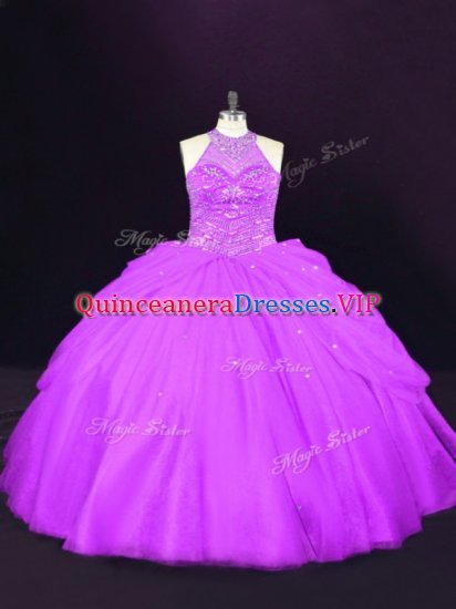 Glamorous Halter Top Sleeveless Quince Ball Gowns Beading Purple Tulle - Click Image to Close