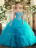 Superior Floor Length Ball Gowns Sleeveless Aqua Blue Quinceanera Dress Lace Up