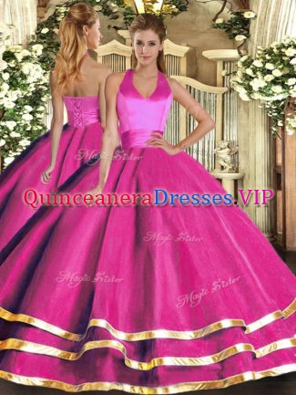 Sleeveless Tulle Floor Length Lace Up Quince Ball Gowns in Fuchsia with Ruffled Layers