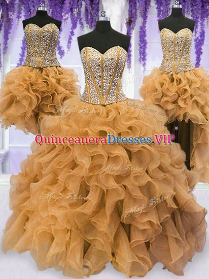 Eye-catching Four Piece Gold Sleeveless Organza Lace Up Sweet 16 Dresses for Military Ball and Sweet 16 and Quinceanera - Click Image to Close