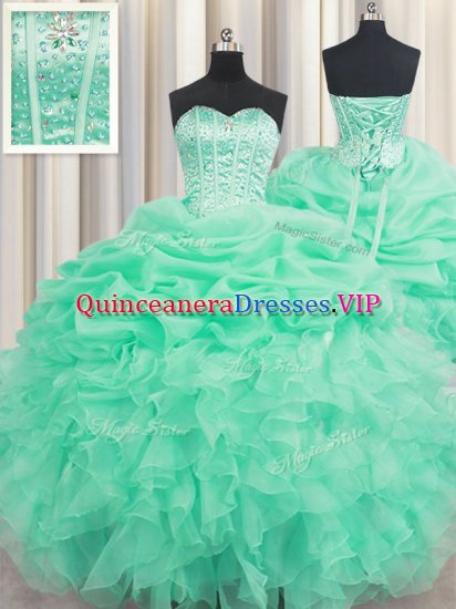 Apple Green Organza Lace Up 15th Birthday Dress Sleeveless Floor Length Beading and Ruffles and Pick Ups - Click Image to Close