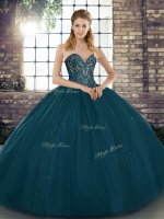 Adorable Teal Ball Gowns Beading Quince Ball Gowns Lace Up Tulle Sleeveless Floor Length