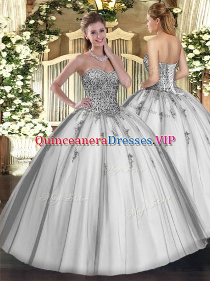 Sweet Grey Lace Up Sweetheart Beading and Appliques Sweet 16 Dress Tulle Sleeveless - Click Image to Close