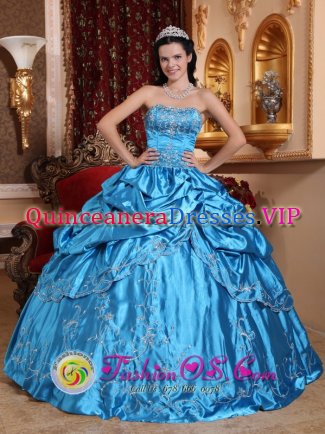 Chugiak Alaska/AK Ball Gown Blue Pick-ups Embroidery with glistening Beading Quinceanera Dress With Floor-length