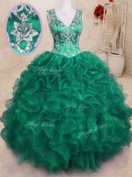 Smart Dark Green Zipper 15th Birthday Dress Beading and Embroidery and Ruffles Sleeveless Floor Length