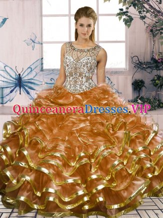 Trendy Scoop Sleeveless Quinceanera Dress Floor Length Beading and Ruffles Brown Organza