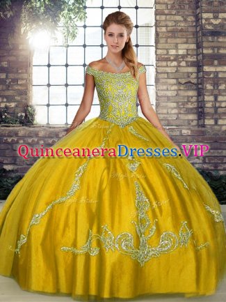 Modern Floor Length Lace Up Sweet 16 Dress Gold for Military Ball and Sweet 16 and Quinceanera with Beading and Embroidery