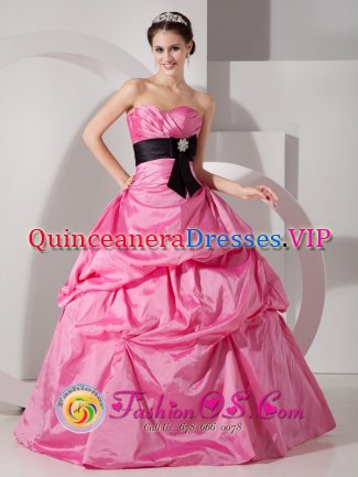 Rose Pink For Sweetheart Quinceanea Dress With Taffeta Sash and Ruched Bodice Custom Made In Raymond New hampshire/NH