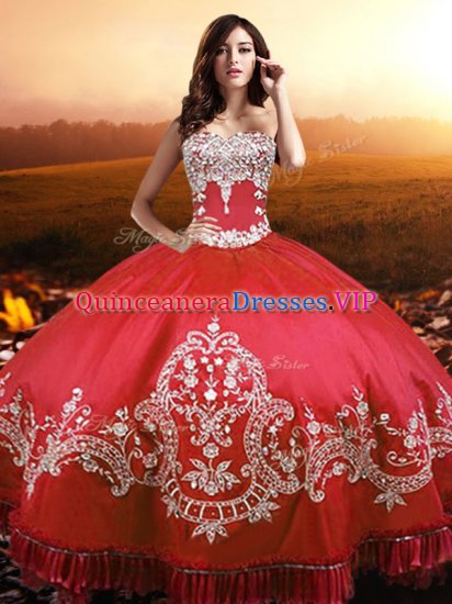 Sleeveless Taffeta Floor Length Lace Up 15th Birthday Dress in Coral Red with Beading and Appliques and Embroidery - Click Image to Close