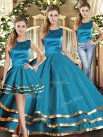 Modest Teal Quinceanera Gowns Military Ball and Sweet 16 and Quinceanera with Ruffled Layers Scoop Sleeveless Lace Up