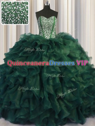 Bling-bling Dark Green Sleeveless Organza Brush Train Lace Up Ball Gown Prom Dress for Military Ball and Sweet 16 and Quinceanera