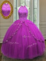 Fuchsia Sleeveless Beading and Appliques Floor Length Quince Ball Gowns