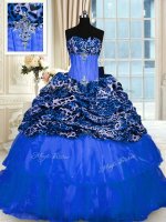 Super Blue Organza and Printed Lace Up Quinceanera Dress Sleeveless Floor Length Beading and Sequins