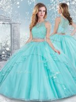 Tulle Scoop Sleeveless Clasp Handle Beading and Lace 15 Quinceanera Dress in Aqua Blue