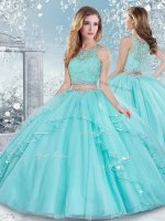Tulle Scoop Sleeveless Clasp Handle Beading and Lace 15 Quinceanera Dress in Aqua Blue(SKU SJQDDT954002BIZ)