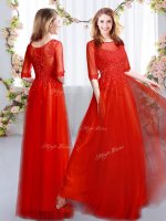 Enchanting Red Half Sleeves Tulle Zipper Damas Dress for Prom and Party and Wedding Party(SKU BMT0516BIZ)