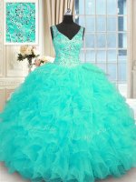 Latest V-neck Sleeveless 15th Birthday Dress Floor Length Beading and Ruffles Aqua Blue Organza(SKU PSSW0342-1BIZ)