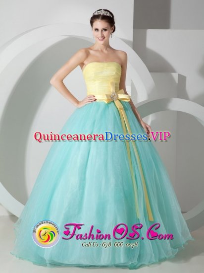 Burleson Texas/TX Fabulous Baby Blue and Yellow For Strapless Quinceanea Dress Sash and Ruched Bodice Decorate - Click Image to Close