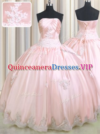 Fabulous Baby Pink Lace Up Strapless Beading and Appliques Quinceanera Gown Taffeta Sleeveless