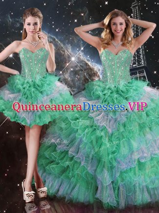 Custom Fit Sleeveless Organza Ball Gown Prom Dress Beading and Ruffles Lace Up