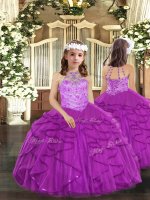 Pretty Purple Halter Top Neckline Beading and Ruffles Girls Pageant Dresses Sleeveless Lace Up
