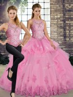 Rose Pink Sleeveless Lace and Embroidery and Ruffles Floor Length Quinceanera Gown(SKU SJQDDT2118009BIZ)