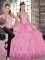 Rose Pink Sleeveless Lace and Embroidery and Ruffles Floor Length Quinceanera Gown