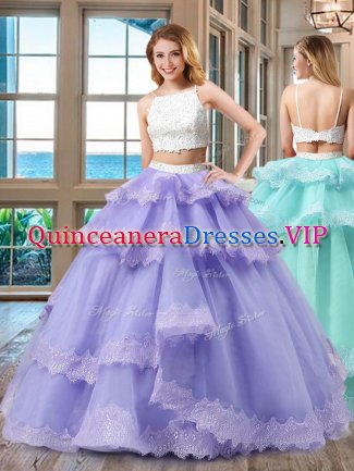 Flirting Backless Straps Sleeveless Quinceanera Gown Floor Length Beading Lavender Tulle