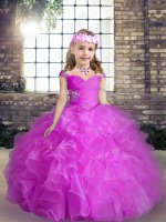 Fashion Beading and Ruffles Kids Pageant Dress Fuchsia Lace Up Sleeveless Floor Length