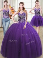 Three Piece Floor Length Ball Gowns Sleeveless Purple Sweet 16 Dresses Lace Up