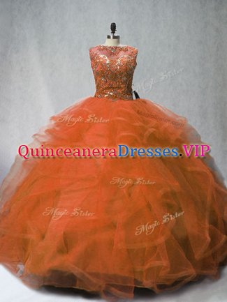 Latest Sleeveless Tulle Brush Train Lace Up 15th Birthday Dress in Rust Red with Beading and Ruffles