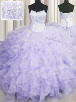 Perfect Scalloped Sleeveless Quinceanera Gowns Floor Length Beading and Ruffles Lavender Organza