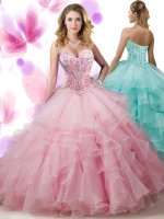 Adorable Floor Length Pink 15 Quinceanera Dress Organza Sleeveless Beading and Ruffled Layers