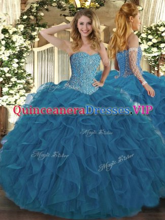 Spectacular Teal Sleeveless Tulle Lace Up Quinceanera Gown for Military Ball and Sweet 16 and Quinceanera