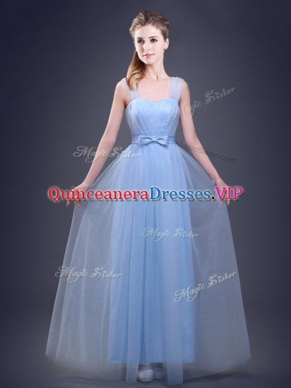 Admirable Straps Tulle Sleeveless Floor Length Damas Dress and Ruching and Bowknot - Click Image to Close
