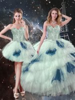 Blue And White Tulle Lace Up Quinceanera Dresses Sleeveless Floor Length Ruffled Layers
