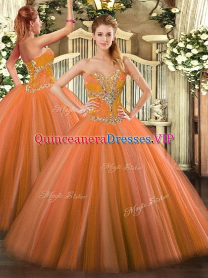 Sleeveless Floor Length Beading Lace Up Quinceanera Gown with Orange Red - Click Image to Close
