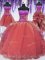 Luxurious Four Piece Embroidery and Ruffles Quinceanera Dresses Watermelon Red Lace Up Sleeveless Floor Length