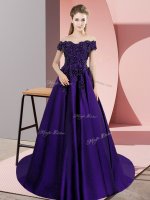 Purple A-line Off The Shoulder Sleeveless Satin Court Train Zipper Lace Ball Gown Prom Dress