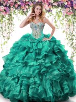 Customized Turquoise Ball Gowns Organza Sweetheart Sleeveless Beading and Ruffles Floor Length Lace Up Quinceanera Gowns
