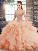Sweet Peach Ball Gowns Beading and Ruffles Quinceanera Gown Lace Up Tulle Sleeveless