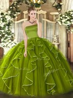 Chic Olive Green Tulle Zipper Strapless Sleeveless Floor Length Quinceanera Dresses Ruffles(SKU SJQDDT1561002-1BIZ)