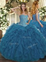 Spectacular Teal Sleeveless Tulle Lace Up Quinceanera Gown for Military Ball and Sweet 16 and Quinceanera