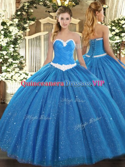 Blue Ball Gowns Tulle Sweetheart Sleeveless Appliques Floor Length Lace Up Sweet 16 Quinceanera Dress - Click Image to Close