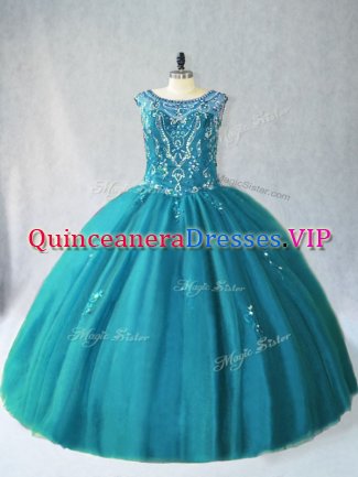Designer Floor Length Teal Quinceanera Dresses Scoop Sleeveless Lace Up