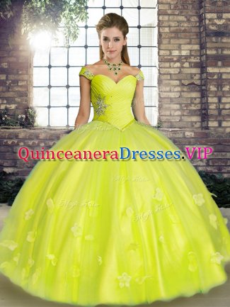 Artistic Yellow Green Sleeveless Beading and Appliques Floor Length Sweet 16 Dress