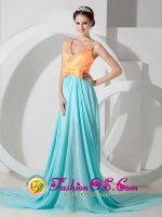 Mililani Hawaii/HI Unique Aqua Blue and Orange Empire V-neck Brush Train Chiffon Beading Quinceanera Dama Dress With Knotbow